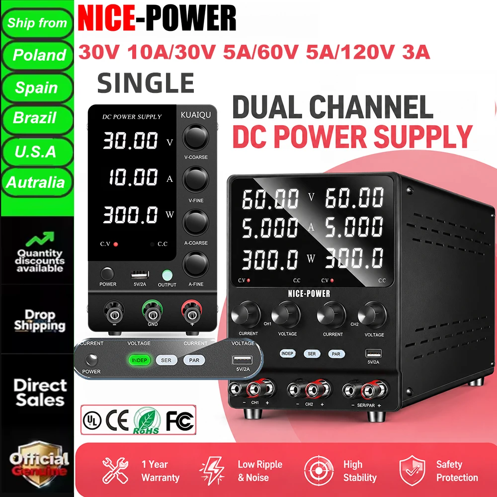 KUAIQU 30V 10A Adjustable Lab Power Supply 30V 60V 5A Single/Dual Channel Teaching Power Supply 120V 3A Switching Power Source