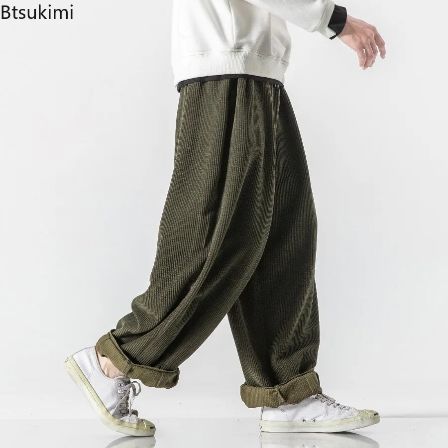 New Men's Corduroy Pants Vintage Loose Casual Trousers Street Style Drawstring Straight Pants Men Solid Versatile Wide Leg Pants