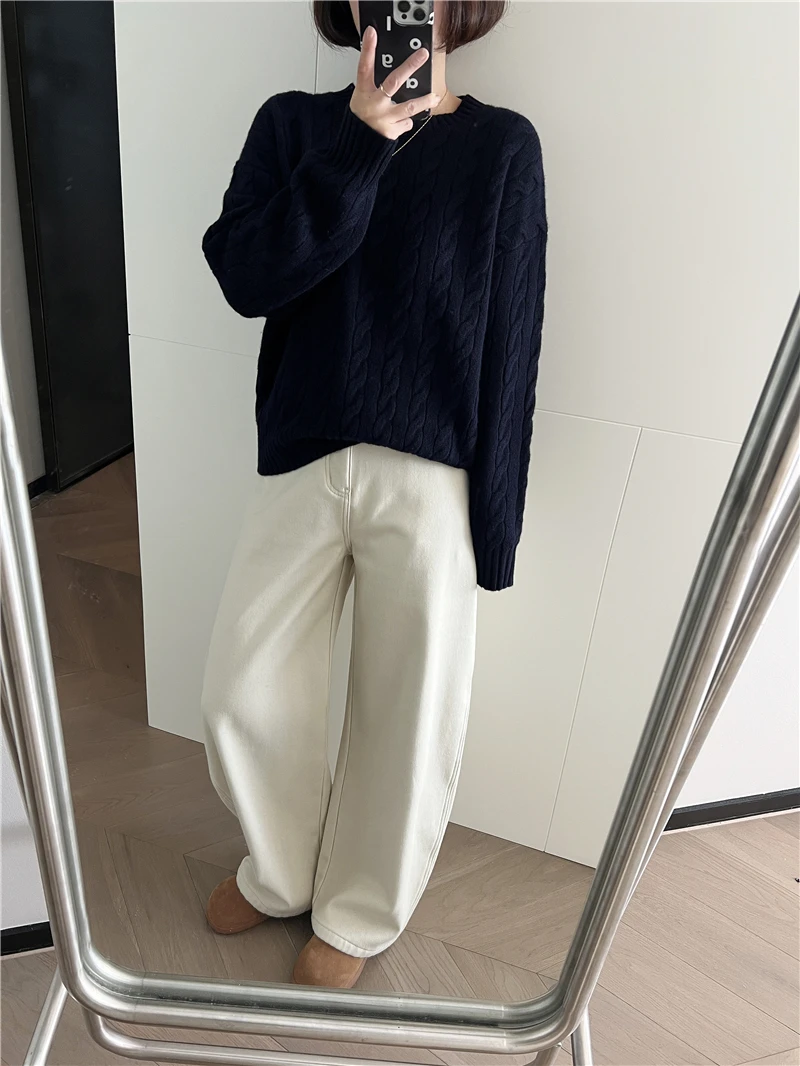 

Retro Twisted 00 Pure Wool round Ne Sweater Women Loose Lazy Sle Simple Blue Knitted irt Korean Sle Commute