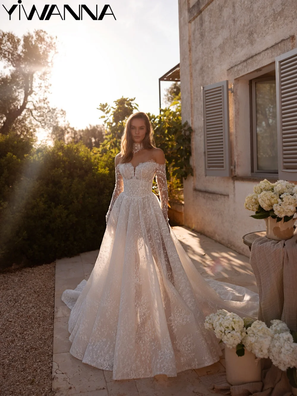 

2 In 1 Glitter Beaded Lace Wedding Dress A-line Floor-length Dreamy Bridal Gown Customized Off Shoulder Dresses For Bride