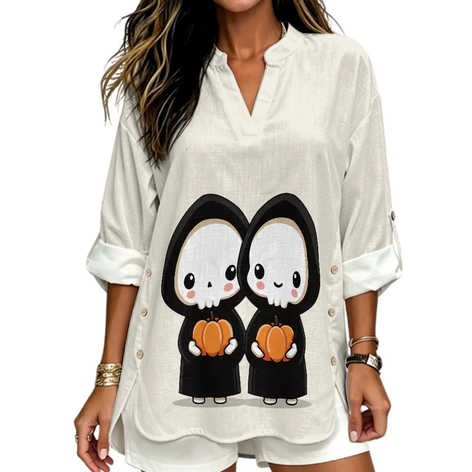 INSTANTARTS Camisa de Lino con Cuello en V para Mujer, Camiseta de Manga Corta, Ropa de Tallas Grandes, Poleras, Blusas de Color Sólido para Otoño