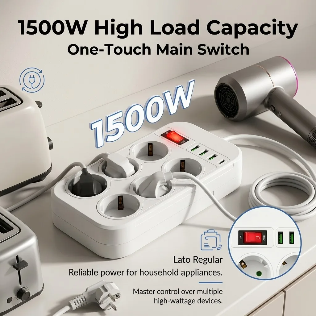 EU Plug Power Strip 6AC Outlet 3USB 1PD Port  1500W Multitap Socket 2M Extension Cord Fast Charging for Home Office Dormitory