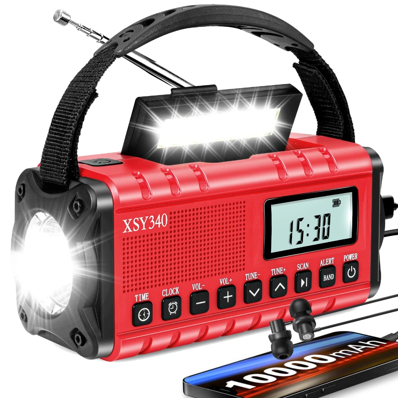 

10000mAh Waterproof Emergency Radio Portable Solar Hand Crank Weather Alert Radios with AM/FM Flashlight Reading Lamp SOS Alarm