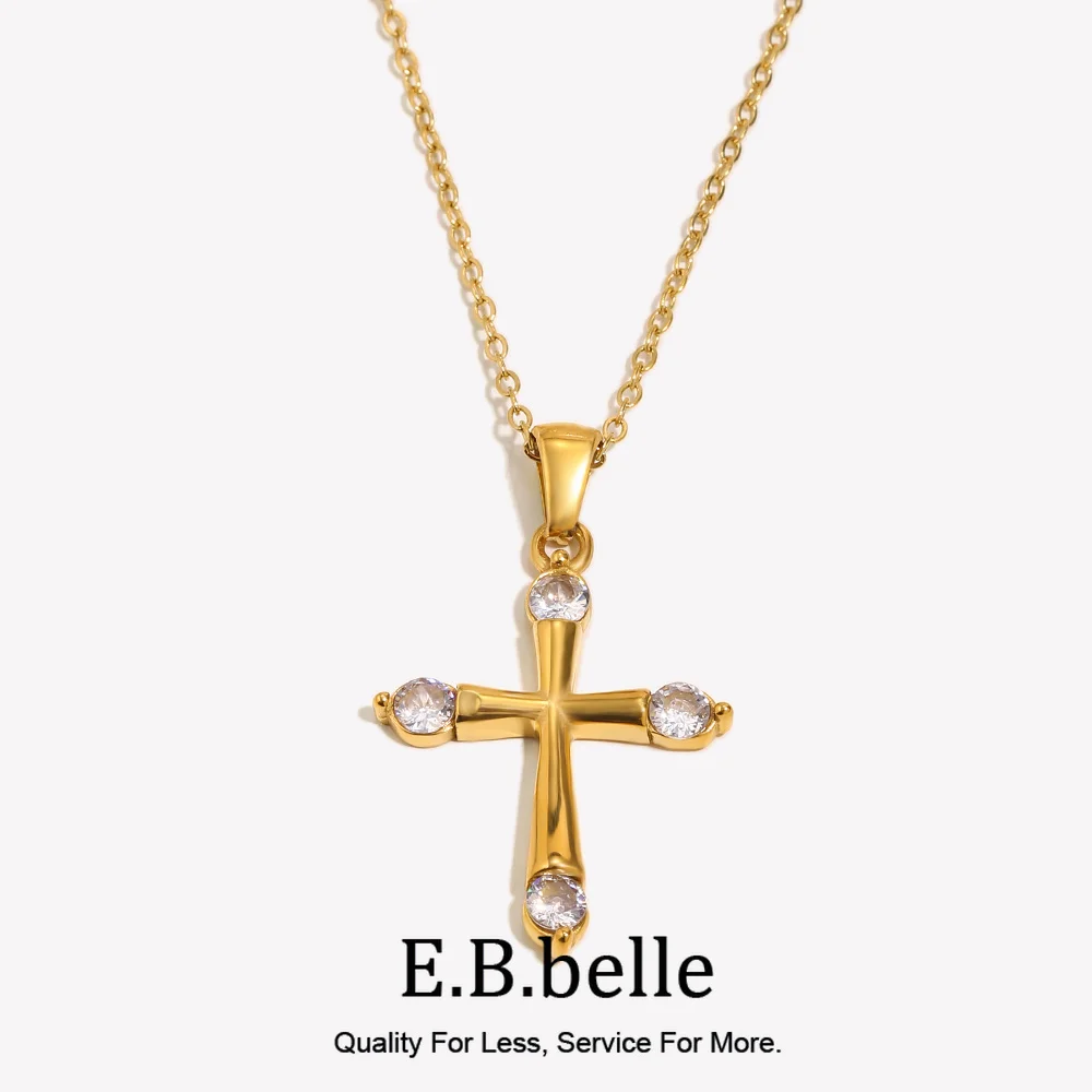 E.B.belle Minimalist Style Glossy Rhinestone Cross Pendant Necklace Tarnish Free Hypoallergenic 316L Stainless Steel For Women