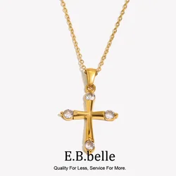 E.B.belle Minimalist Style Glossy Rhinestone Cross Pendant Necklace Tarnish Free Hypoallergenic 316L Stainless Steel For Women
