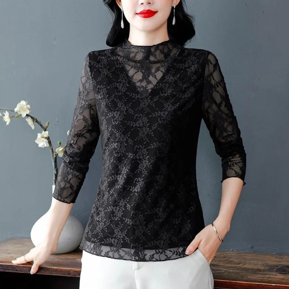 Fake V Neck Women Lace Shirt Stretchy Mesh Floral Lace Long Sleeve Top Long Sleeve Hides Extra Fat Mock V Neck Blouse