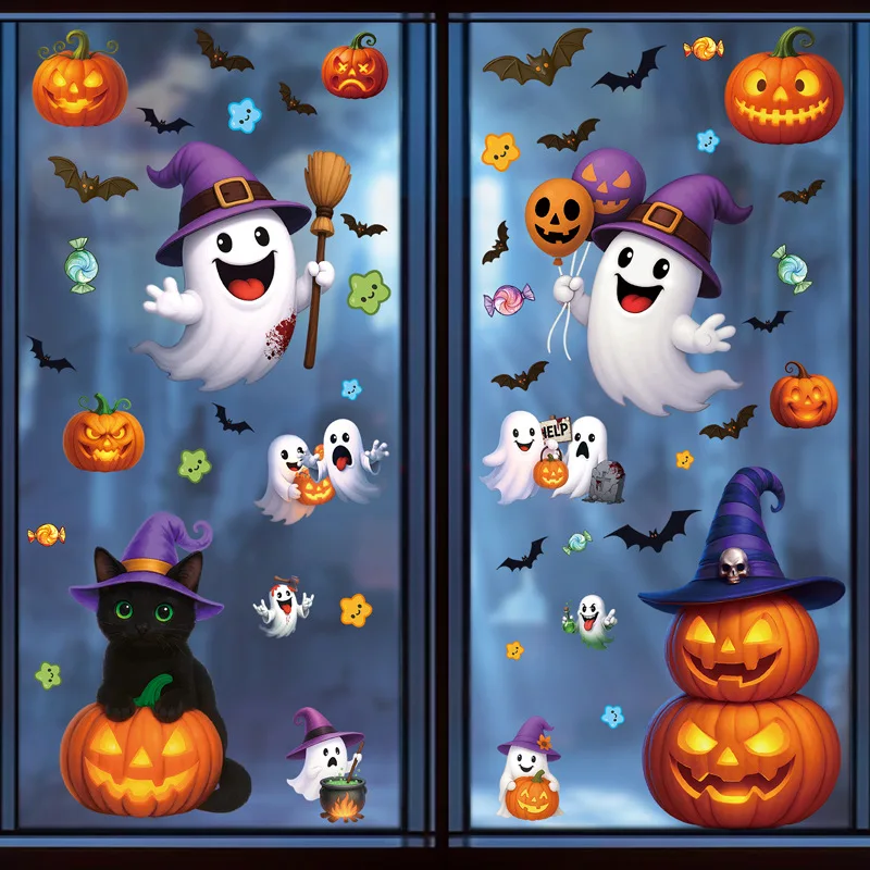 Halloween-Kürbis-Fensteraufkleber, Dekoration, Dekoration, Süßigkeiten, Kürbislaternen, elektrostatische Aufkleber, schwarze Katze, Geisteraufkleber