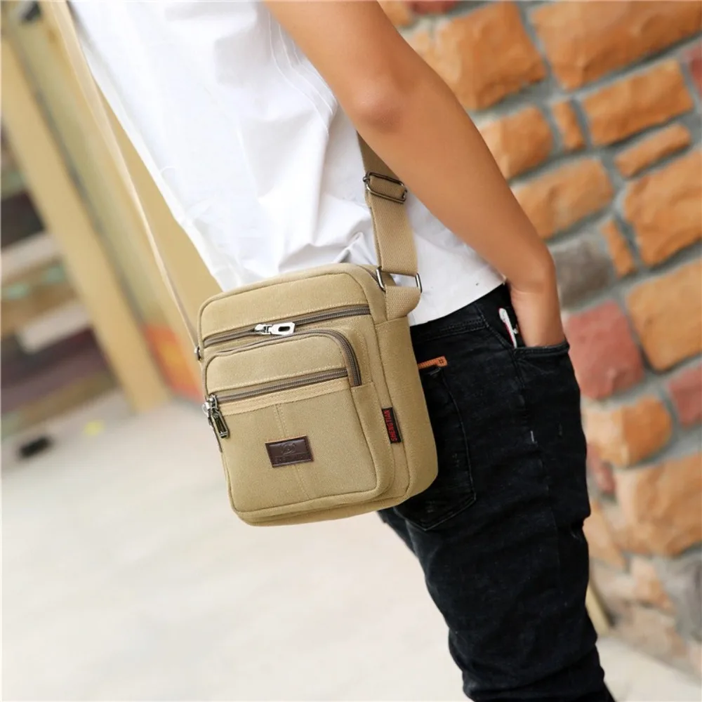 Casual Canvas Men's Shoulder Bag Solid Color Large Capacity Crossbody Bag Multi Layer Zipper Business Cash Bag