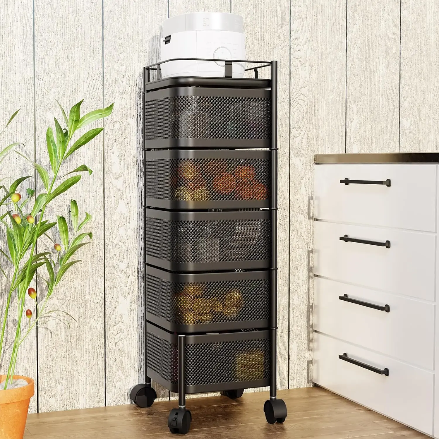 5 Layers Kitchen Cart with Storage on Wheels, Rotating Kitchen Storage Rack No Assembly, Produce Storage