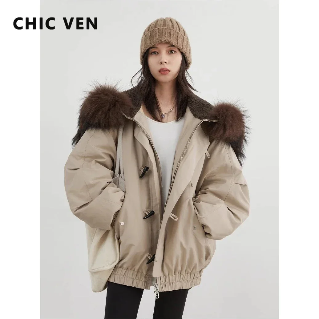 CHIC VEN Korean Women Down Coats Loose Casual Hooded Female Down Jacket Horn Button 90 White Duck Down Jacket Winter 2024