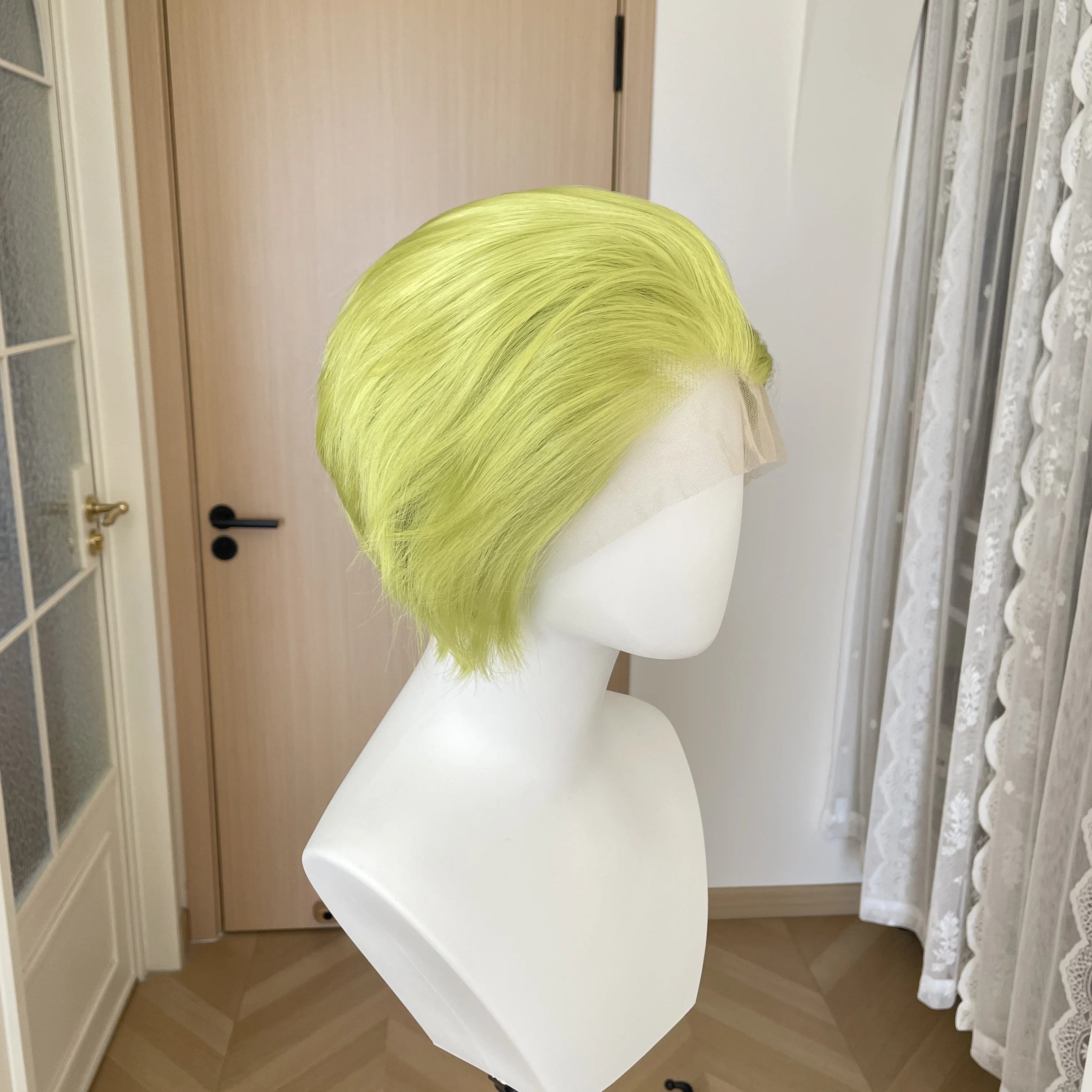ライトイエローグリーンのショートボブカットウィッグ-女性用コスプレ合成ウィッグ-男性用接着剤不要13x4レースフロントウィッグ-ピクシーミディアムキャップ-150-密度