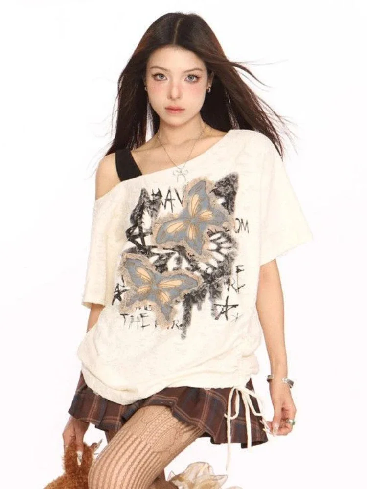 Camiseta larga holgada con bordado para mujer, camisetas coreanas elegantes con hombros descubiertos, muchas ropa, ropa de calle, Tops Kpop para mujer