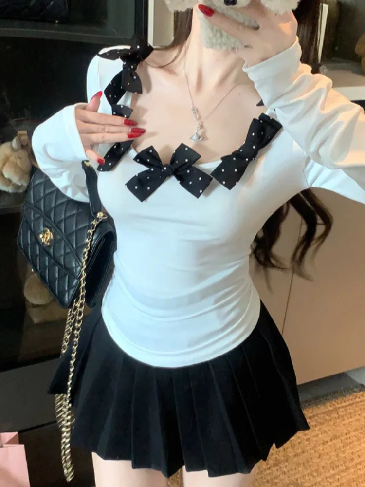 

Sweet Girl Style Long Sleeve U-Neck T-Shirt Women's Base Layer Shirt Short Top Knot Slimming Spring Autumn New Arrival