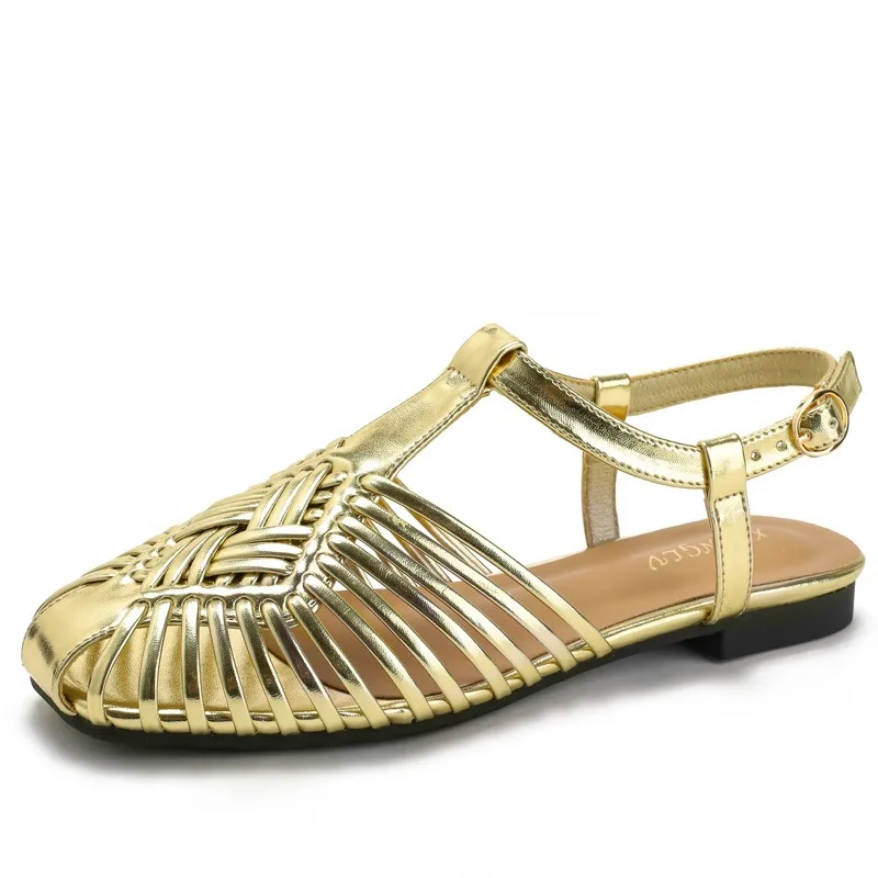 

Summer Roman Style Sandals for Women Fashion Handmade Woven Hollow Out Sandals One-word Buckle Beach Sandals Casual Flat Sandal