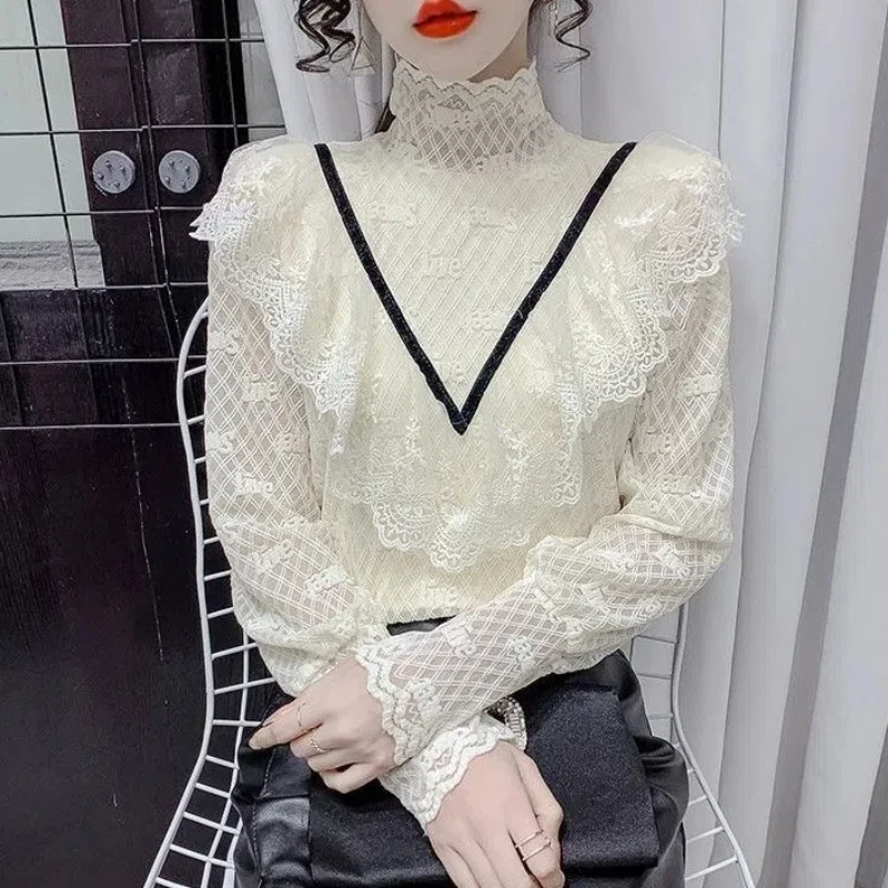 Lace Ruffles Patchwork Loose Bottoming Shirt Spring Autumn Long Sleeve Solid Elegant T Shirt Tops Fashion Office Women Clothing