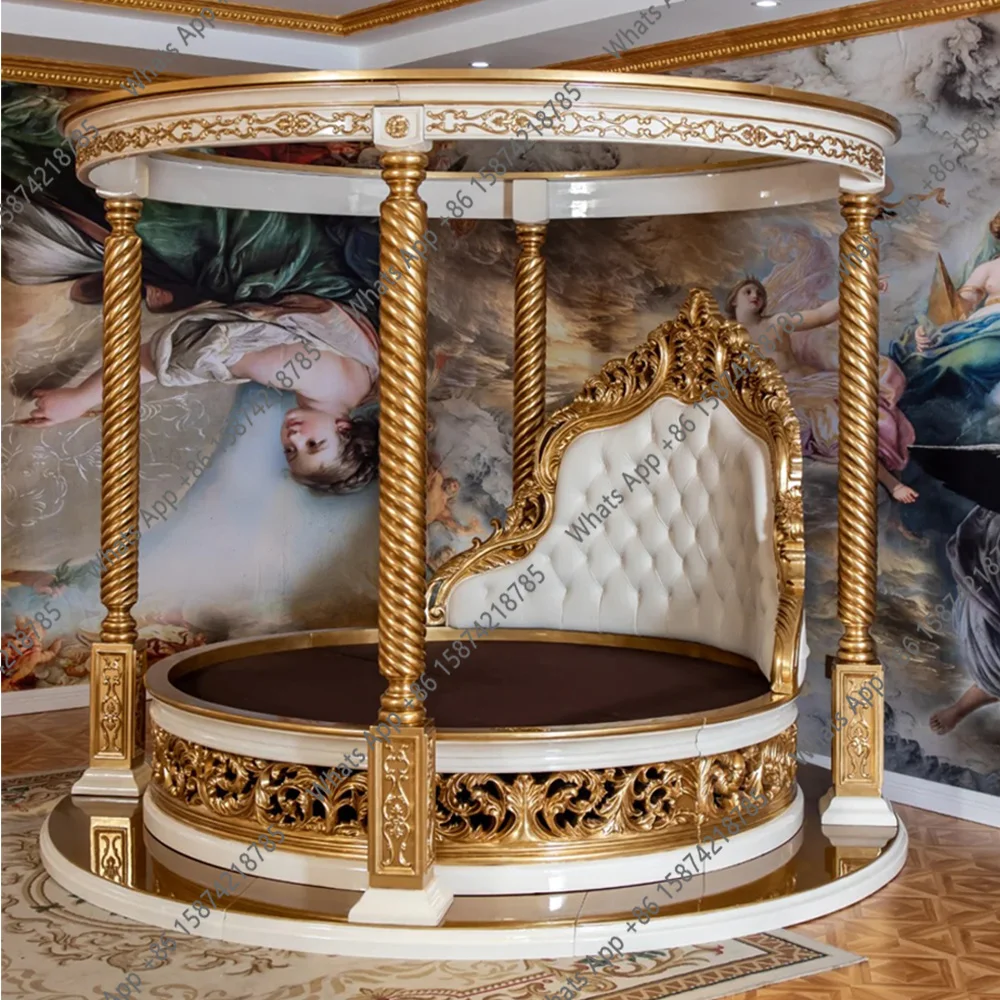 Rt MT High End Baroque Style Bedroom Furniture Sets Gold Foil Wooden Luxury Round Canopy Beds