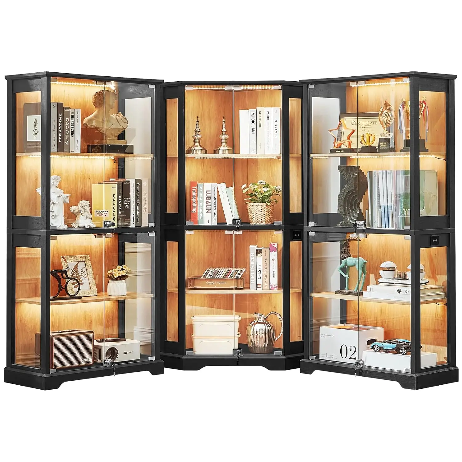 Black Glass Display Cabinet Set of 3 with Lock for Home Storage, Customized