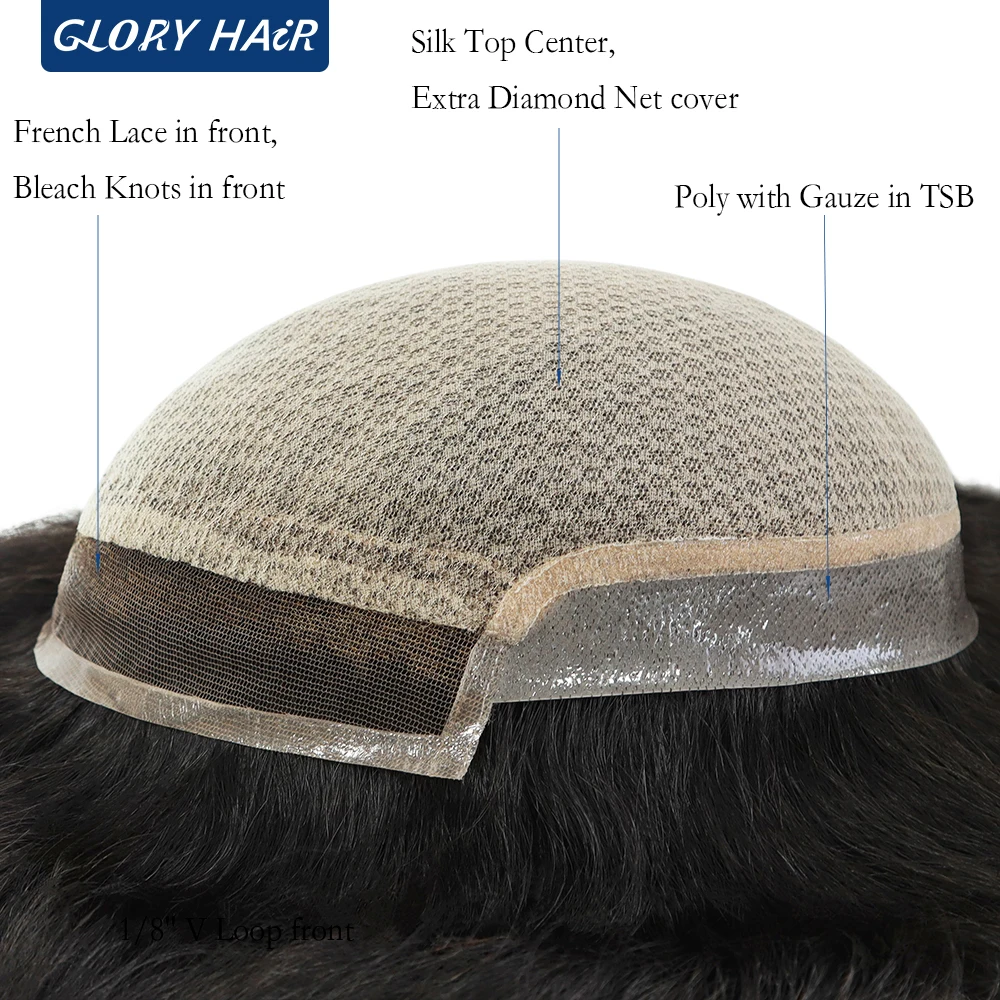 I‑LACE Silk Top With Diamond Net Men Toupee French Lace Front 100% Human Hair Straight High Quality Male Hairpiece Hair System