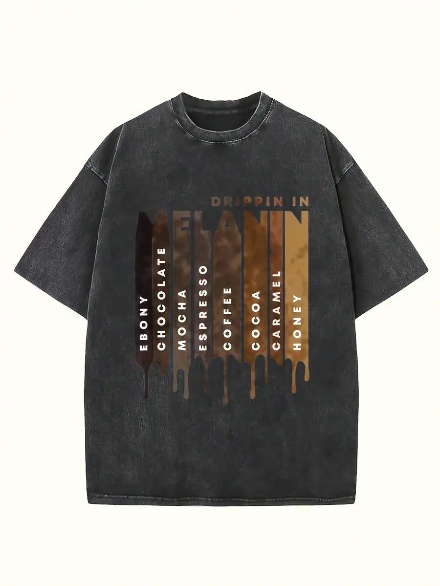 

Men Loose Fit Charcoal Grey Washed Heavyweight Tee With Melanin Coffee Drip Graphic Print