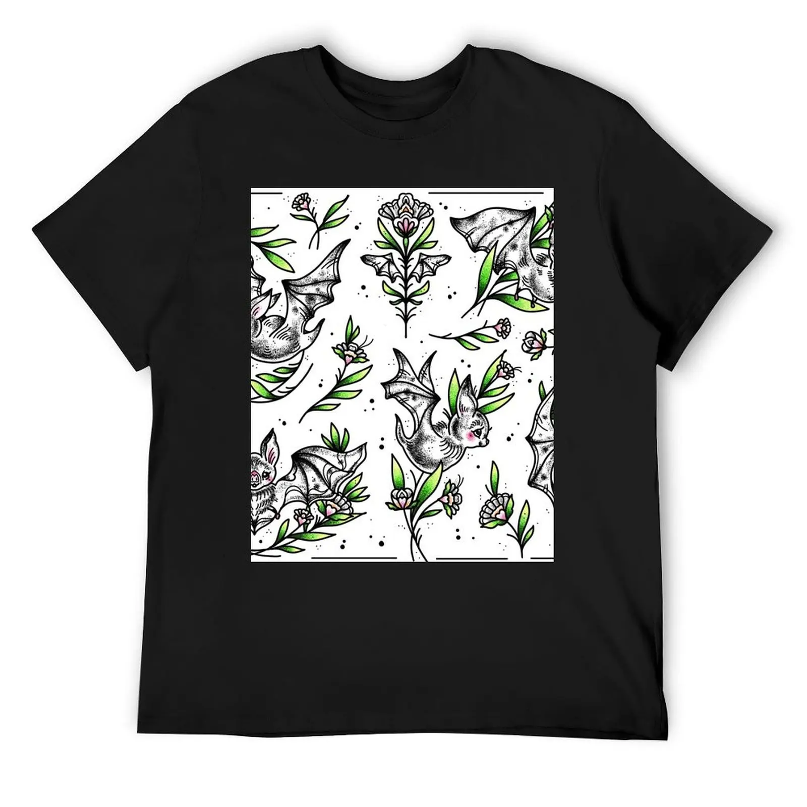 

Floral Folk Bats Cute Traditional Tattoo Flash T-Shirt sweat customs men clothing