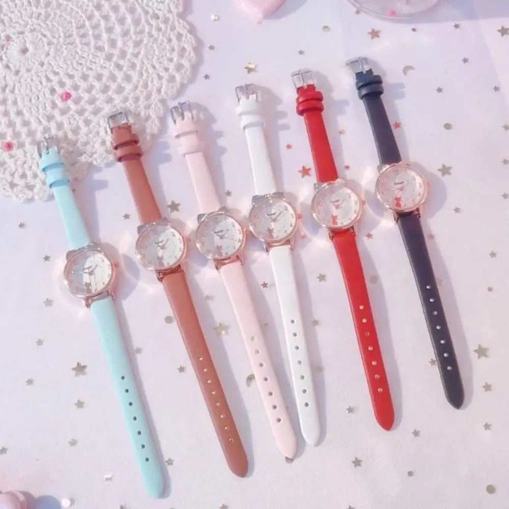 Creative Quartz Clock Watch Bracelet Set Leather Watchband Cat Ear Bracelet Casual Cute Quartz Watch