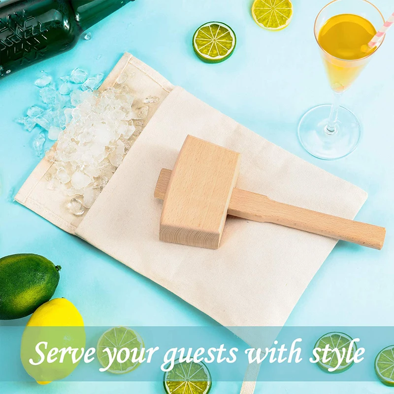 Lewis Ice Bag Ice Mallet Canvas Ice Bag Crushed Ice Maker Reusable Bag Ice Crusher Wood Hammer for Summer Bartender Bar