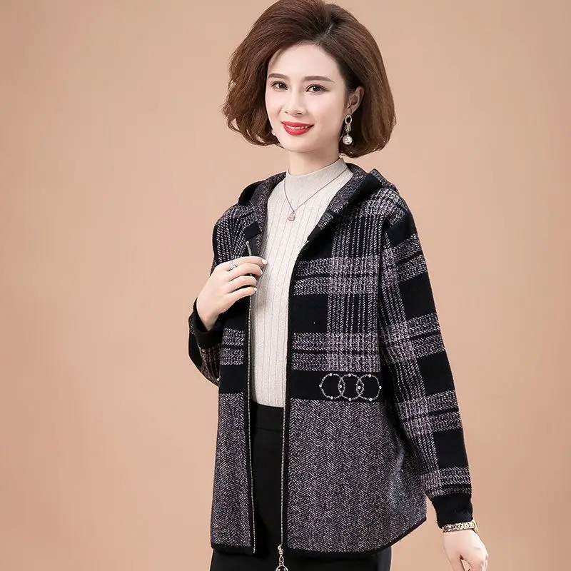 Middle Aged Mother Imitation Mink Velvet Plaid Coat Winter Thick Hooded Knitted Sweater Women Large Size Zipper Cardigan Jacket