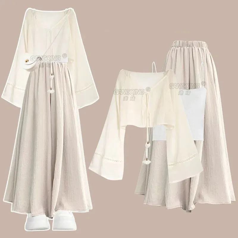 

Women's 2026 Spring/Summer New Sunscreen Shirt+Strap+Loose Skirt Pants 3-Piece Suit Korean Elegant Casual Tracksuit Matching Set