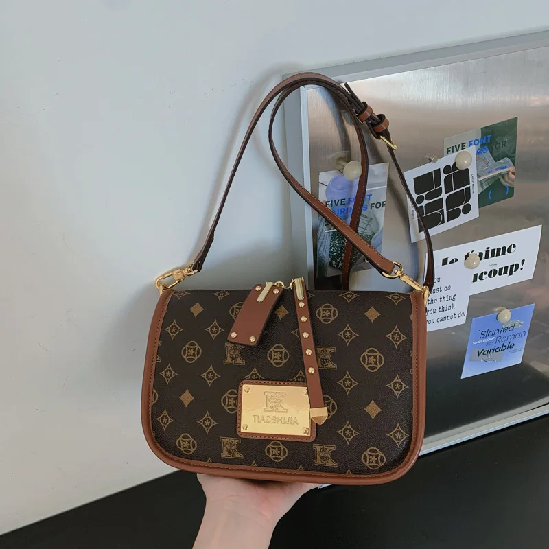 Dual Wear Vintage Logo Print Shoulder Bag, Casual Crossbody Purse for Office Blazer Outfits Coffee Date Weekend City Shopping