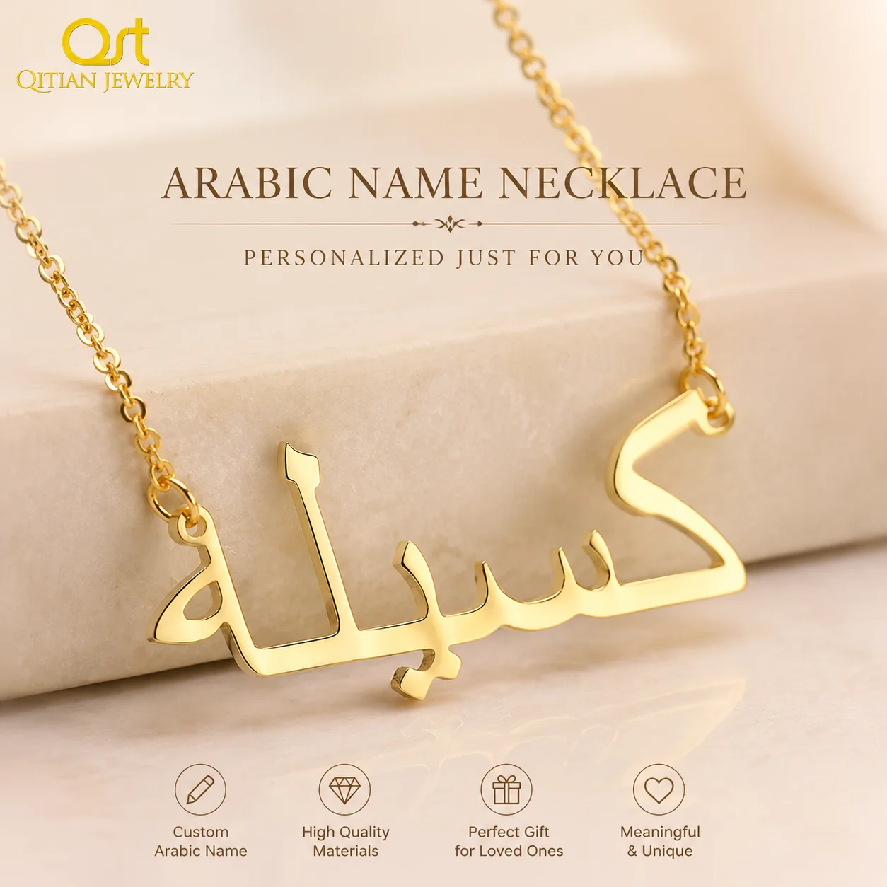Image: Collier personnalisé avec nom arabe Qitian, colliers avec plaque nominative personnalisée, pendentifs arabes en acier inoxydable, collier ras du cou pour femmes, bijoux.