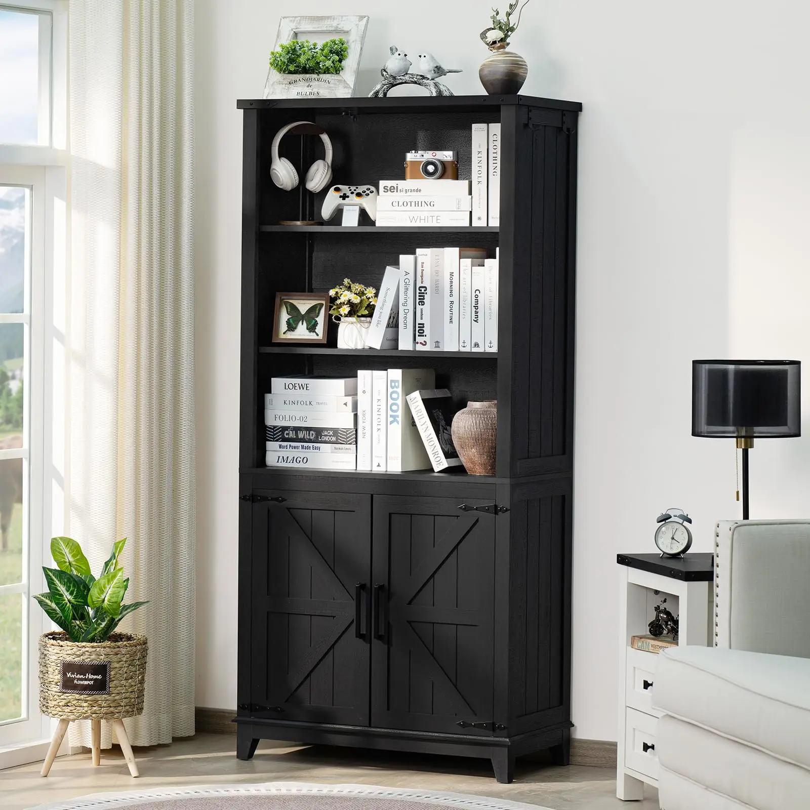 70in Tall Bookshelf 5 Tier Bookcase with Barn Doors and Adjustable Shelves, Black Farmhouse Book Shelf with Storage