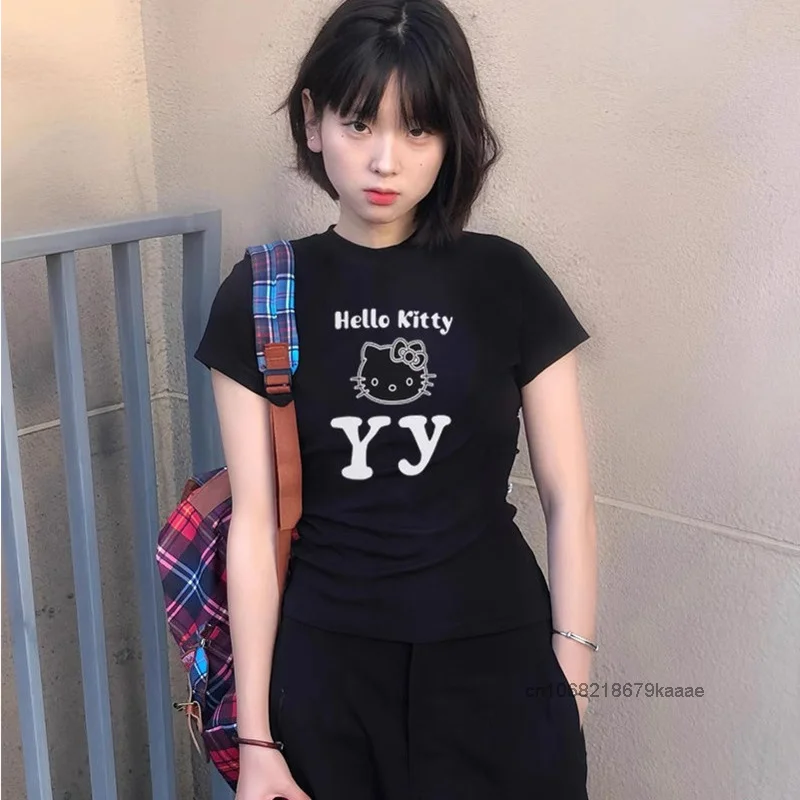 Sanrio Hello Kitty Pure Cotton Summer Black Tees Cute Cartoon Y2k Sweet Hot Girl Versatile Top Female Korean Style Trend T-shirt