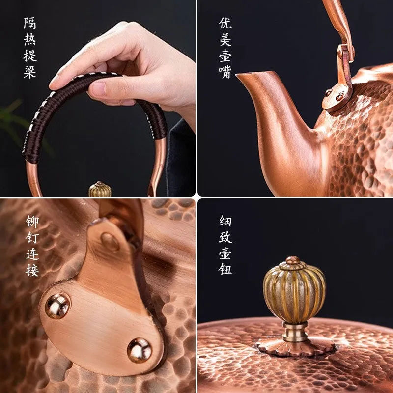 Tree Bark Embossed Pure Copper Teapot Wrapped Handle Stovetop Safe Home Chinese Tea Kettle