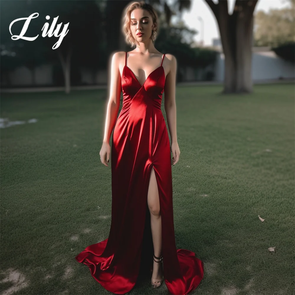 

Lily Red Woman Evening Dress Gown Stain Spaghetti Strap V-Neck Night Dresses Backless High Side Slit Prom Dress فساتين الحفلات