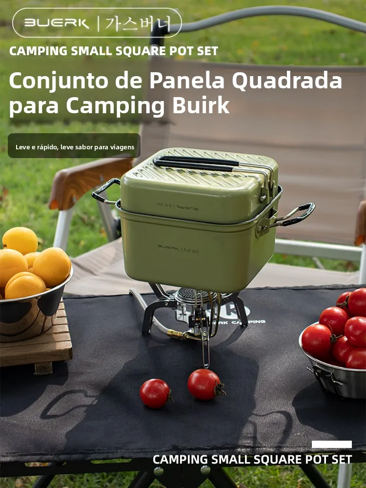 Conjunto de Panelas Quadradas de Aço Inoxidável Portátil para Camping ao Ar Livre, Utensílios de Cozinha Empilháveis, Lavávei...