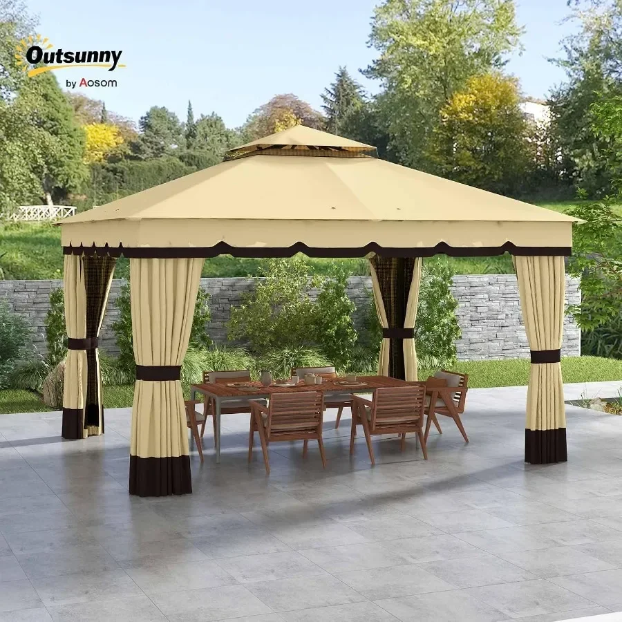 10'x12' Patio Gazebo Double Roof with Netting and Curtains Beige