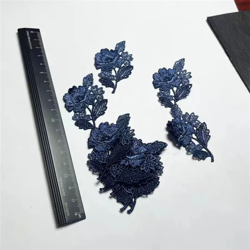 (10pcs/lot)3*6cm  Shiny Dark Blue Sewing Hollow Rose Flower Motif Venise Lace Applique for Garment Embroidery Lace patches