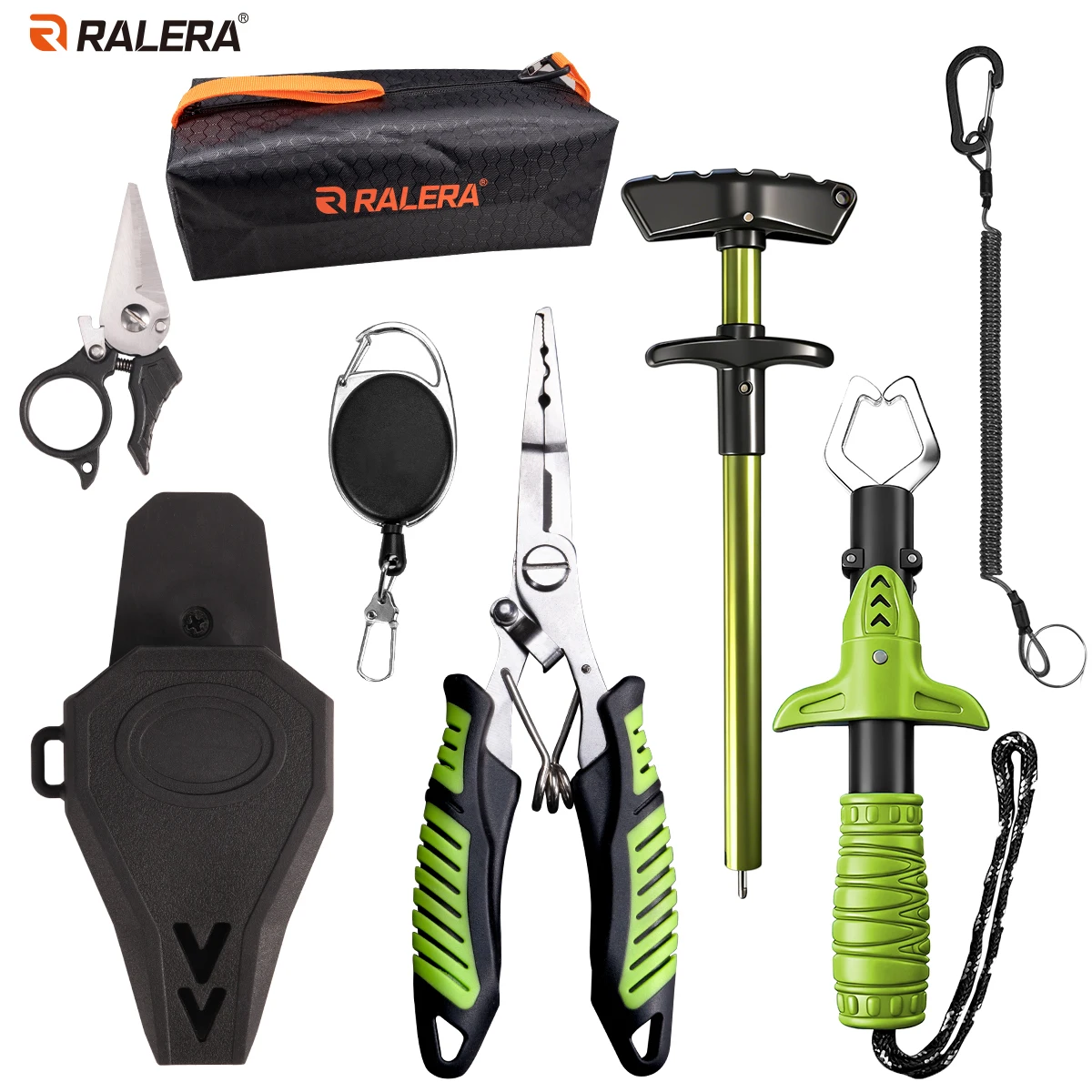 

Набор рыболовных инструментов 5-в-1: плоскогубцы, захват для рыбы, съемник крючков, кусачки для лески, ретрактор с чехлом и сумкой для переноски для всех рыболовов