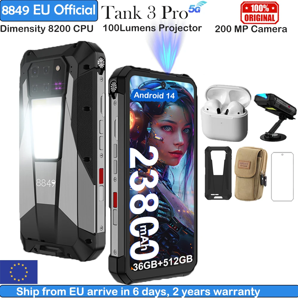 Smartphone robuste Unihertz Projector 8849 Tank 3 Pro, 100 lumens, 5G, 32/36 Go, 512 Go, 23800 mAh, processeur Dimensity 8200