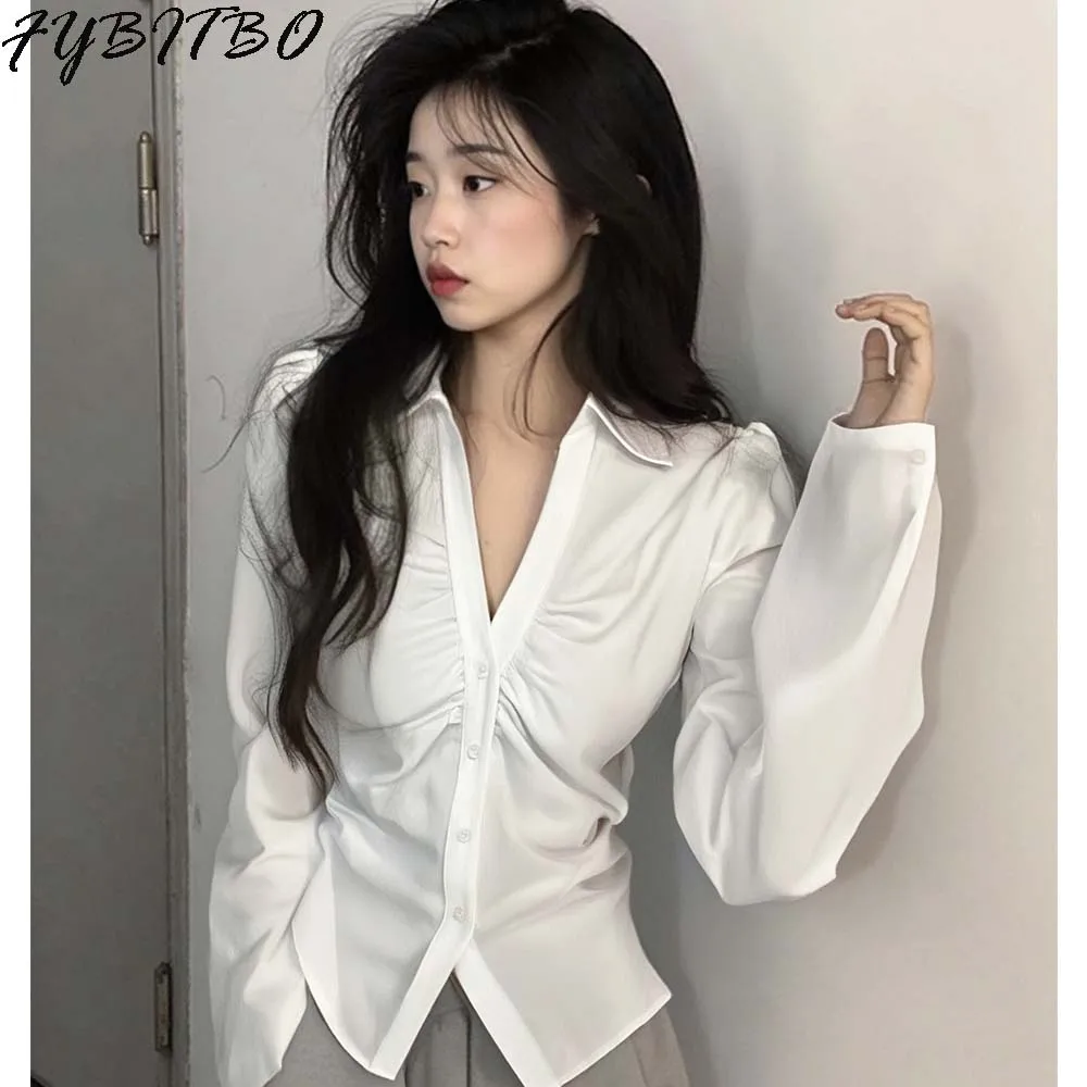 

Women Autumn y2k Button Office Shirts Cute Solid Flare Long Sleeve Blouses Fairy Grunge Crop Tops Kawaii Coquette E-Girls Shirts