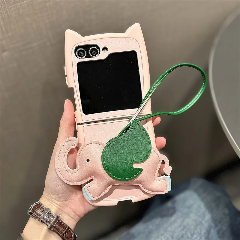 Cute cat ears model Elephant phone case with Samsung Galaxy Z Flip 6 5 4 3 Flip 6 Zflip bracelet shockproof hard cover kawayii