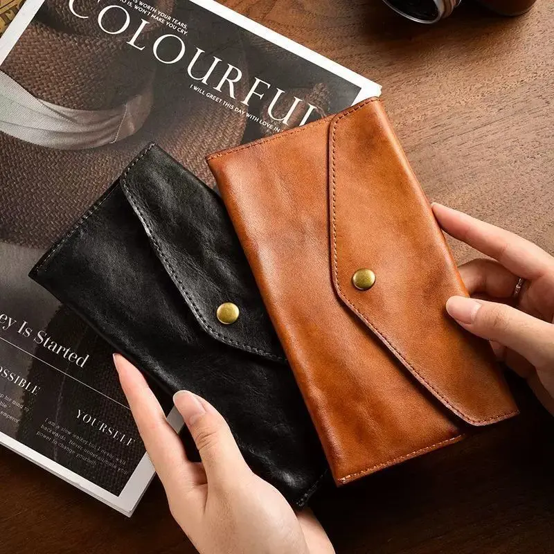 Vintage Grain Leather Long Wallet Mens Slim RFID Phone Clutch Handmade Envelope Card Holder Purse