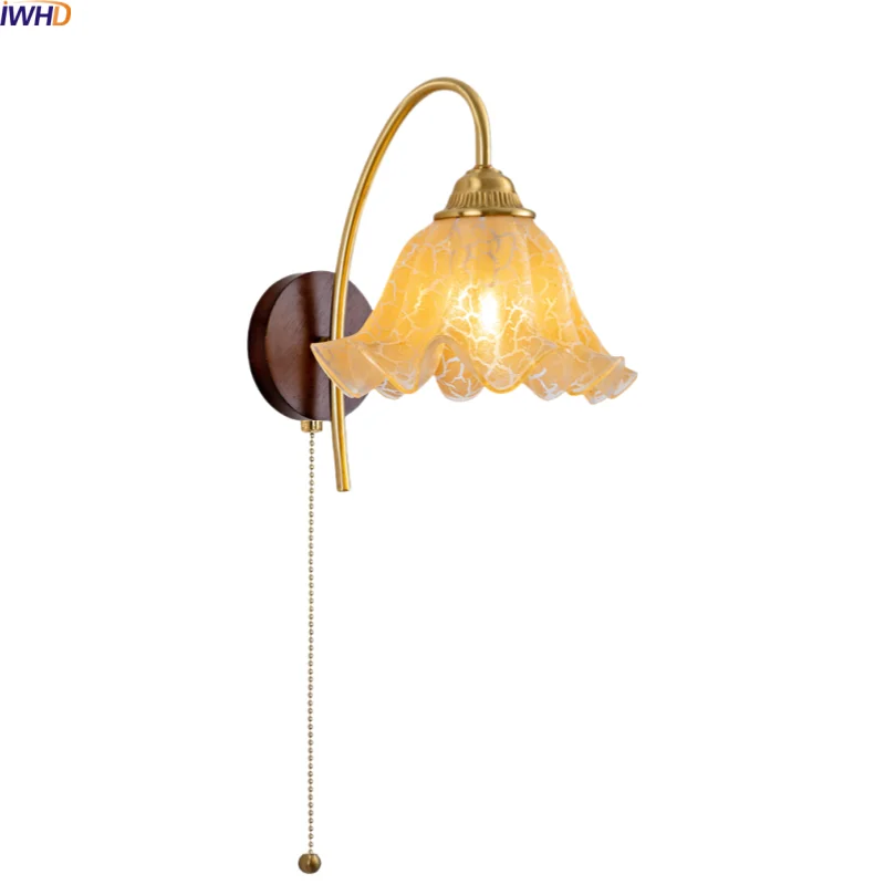 

IWHD Bathroom Interior LED Wall Light Decoration Items Glass Gold Antique Brass Wood Nordic Modern Bedroom Bedside Lamp Wandlamp