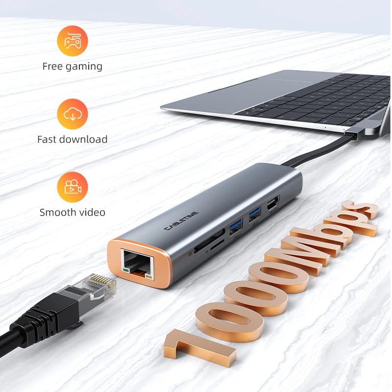 CABLETIME Dünne 5 in 1 USB C HUB zu HDMI-kompatibel 4K 60Hz PD 100W USB 3,0 5Gbps für MacBook Pro Laptop Typ C HUB C431