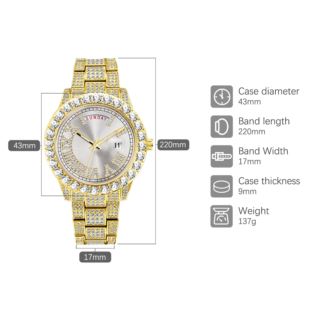 Ladies Quartz Watch Day And Date Gold Bling Bling Full Diamond Luxury Dress Party Watches For Women Elegant Stylish Wristwatches