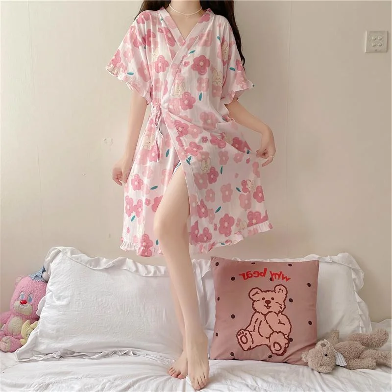 plus Size Floral Print Sleep Robe Women's Home Clothes Gown Thin Summer Mid-Length for Heavy Girls 2300 Pounds 5