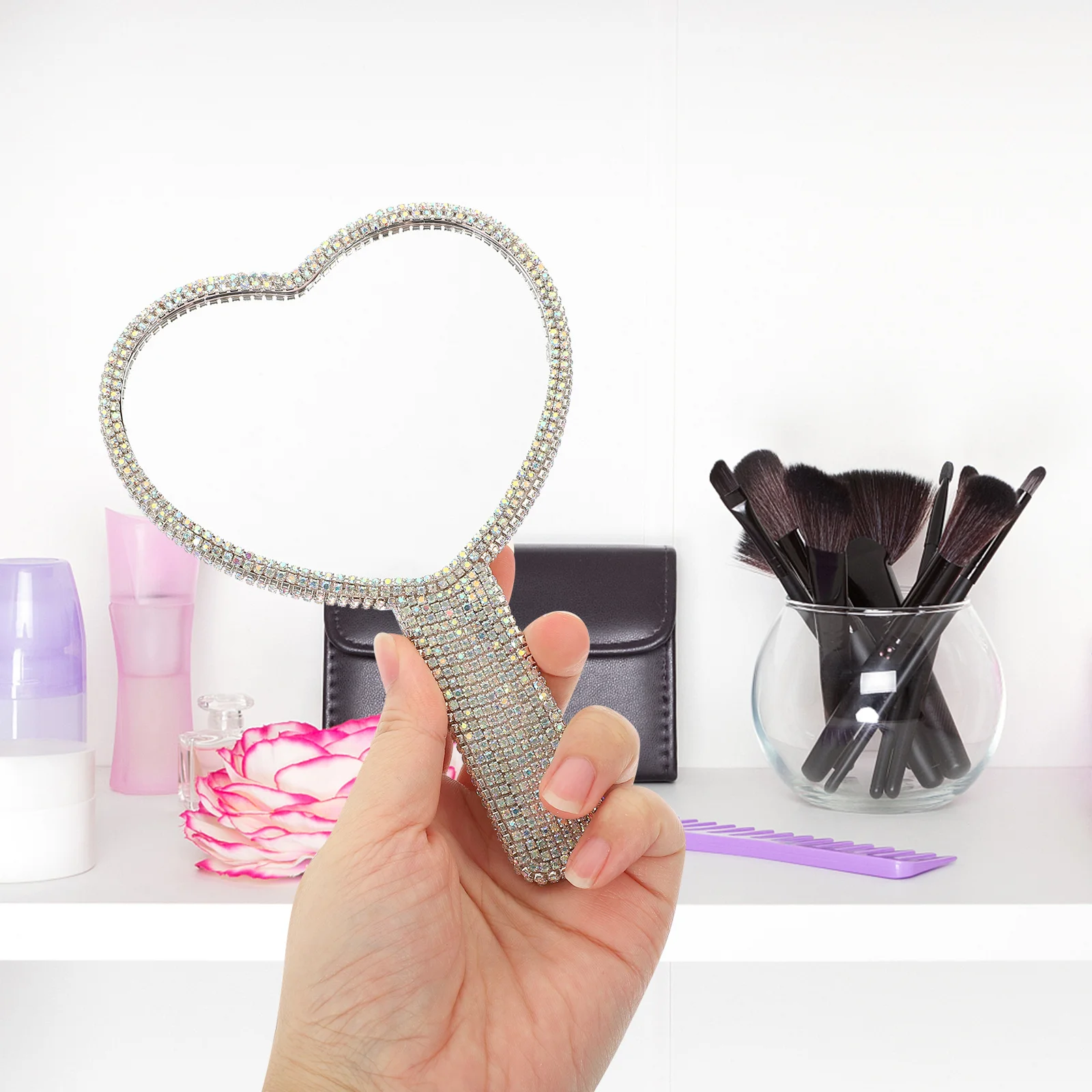 مرآة مكياج محمولة من حجر الراين، مرآة محمولة للسفر، مدمجة وواضحة، عاكسة خفيفة الوزن ومتينة