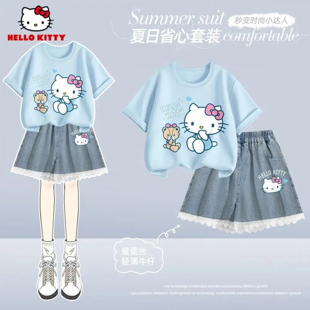 

Sanrio Summer Baby Girls Cotton Clothes Set Kid Hello Kitty Printed T-Shirts Top Shorts Suit Children Short Sleeve Skirt Pants