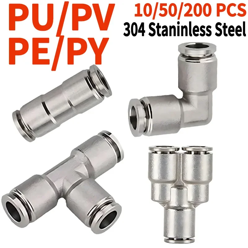 PU4 PV6 PU8 PE10 PY12 304 stainless steel Pneumatic Fitting Pipe Connector Water Push In Hose Couping Tube Air Quick Fittings