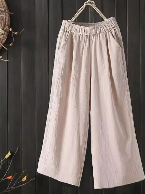 Summer 2024 Thin Wide Leg Cotton Linen Casual High Waist Slim Straight Tube Pants for Women Mom's Clothing Casual Pants
